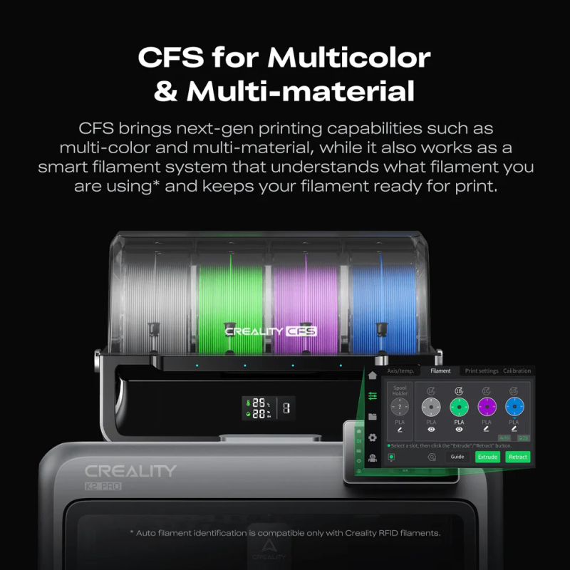 Creality K2 Pro COMBO ir  3D printeris profesionāļiem ar slēgtu apsildāmu kameru un 4 krāsu CFS kvēldiegu vadības moduli.