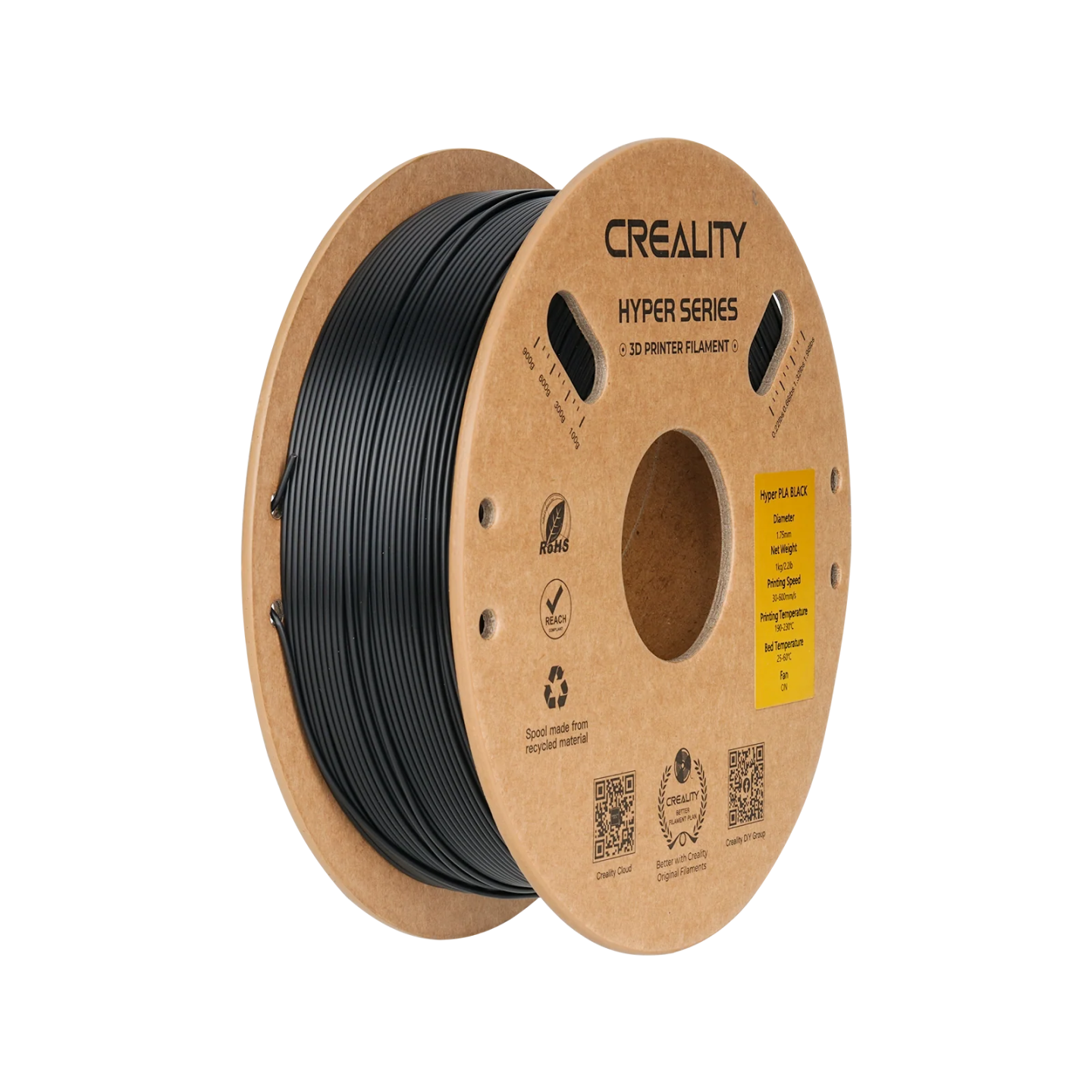 Creality Hyper PLA  Filament diameter 1.75 mm. Cardboard spool weight 1 kg. High filament strength