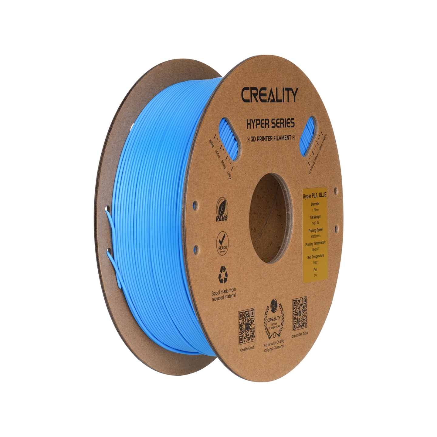 Creality Hyper PLA blue Filament diameter 1.75 mm, with very uniform filament thickness accuracy. Cardboard spool weight 1 kg.
