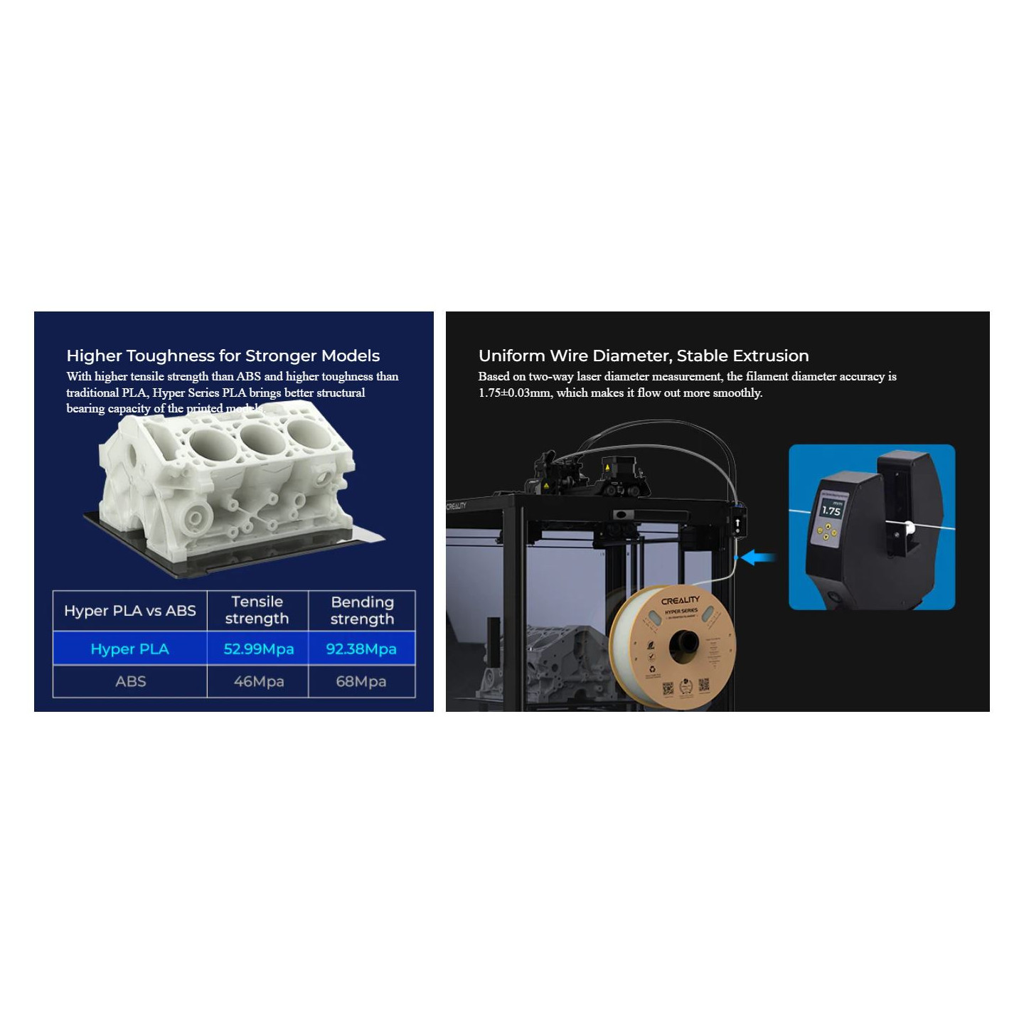 Creality Hyper PLA is a premium filament made of high quality material. Filament diameter 1.75 mm. Cardboard spool weight 1 kg.