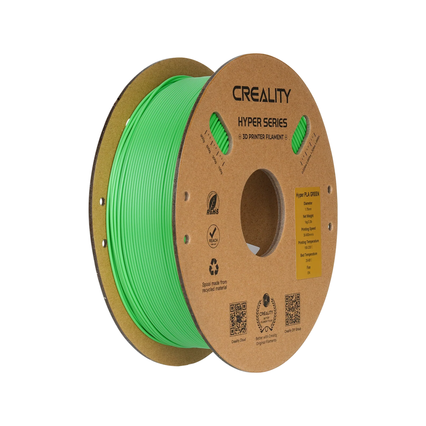 Creality Hyper PLA is a premium filament made of high quality material. Filament diameter 1.75 mm. Cardboard spool weight 1 kg.