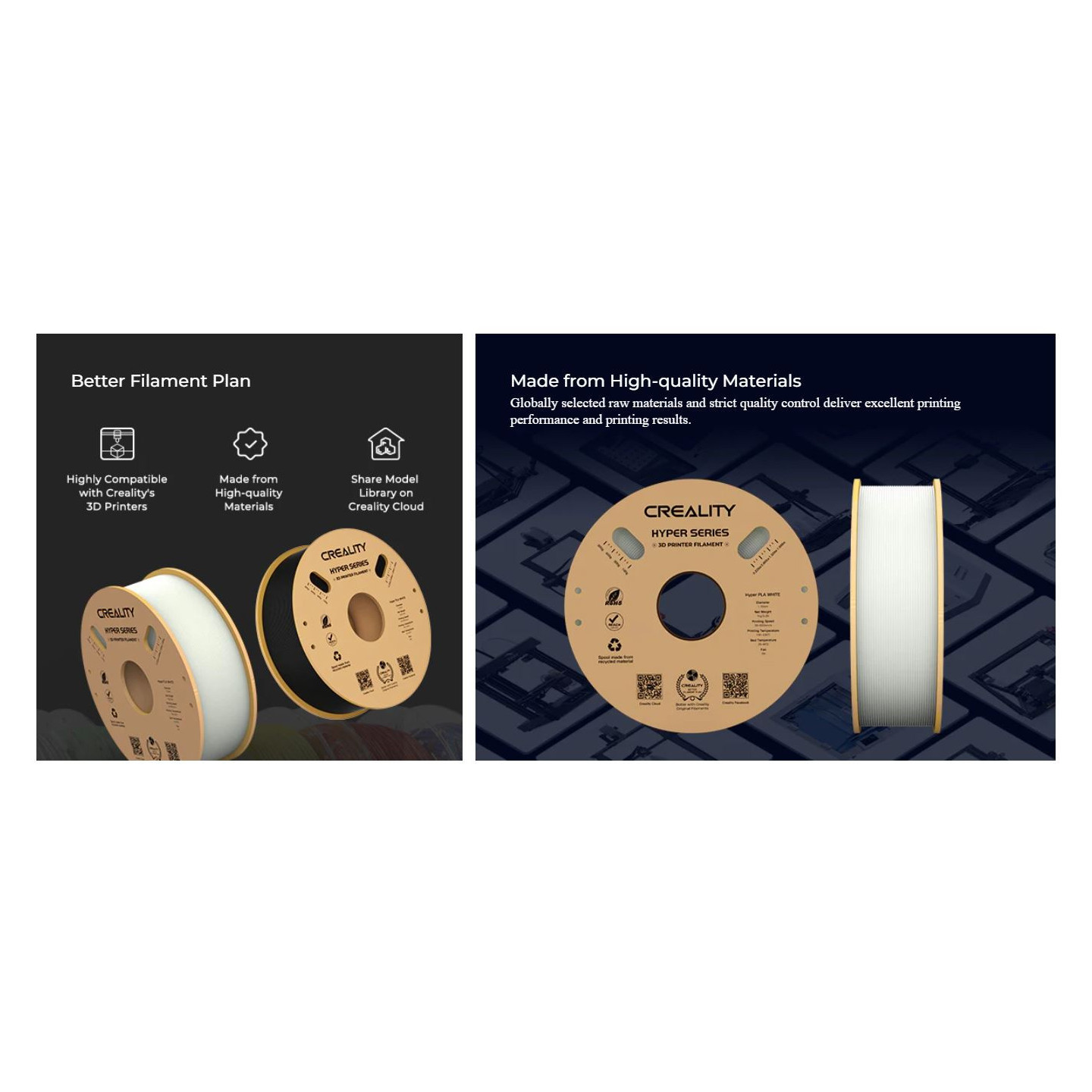 Creality Hyper PLA is a premium filament made of high quality material. Filament diameter 1.75 mm. Cardboard spool weight 1 kg.