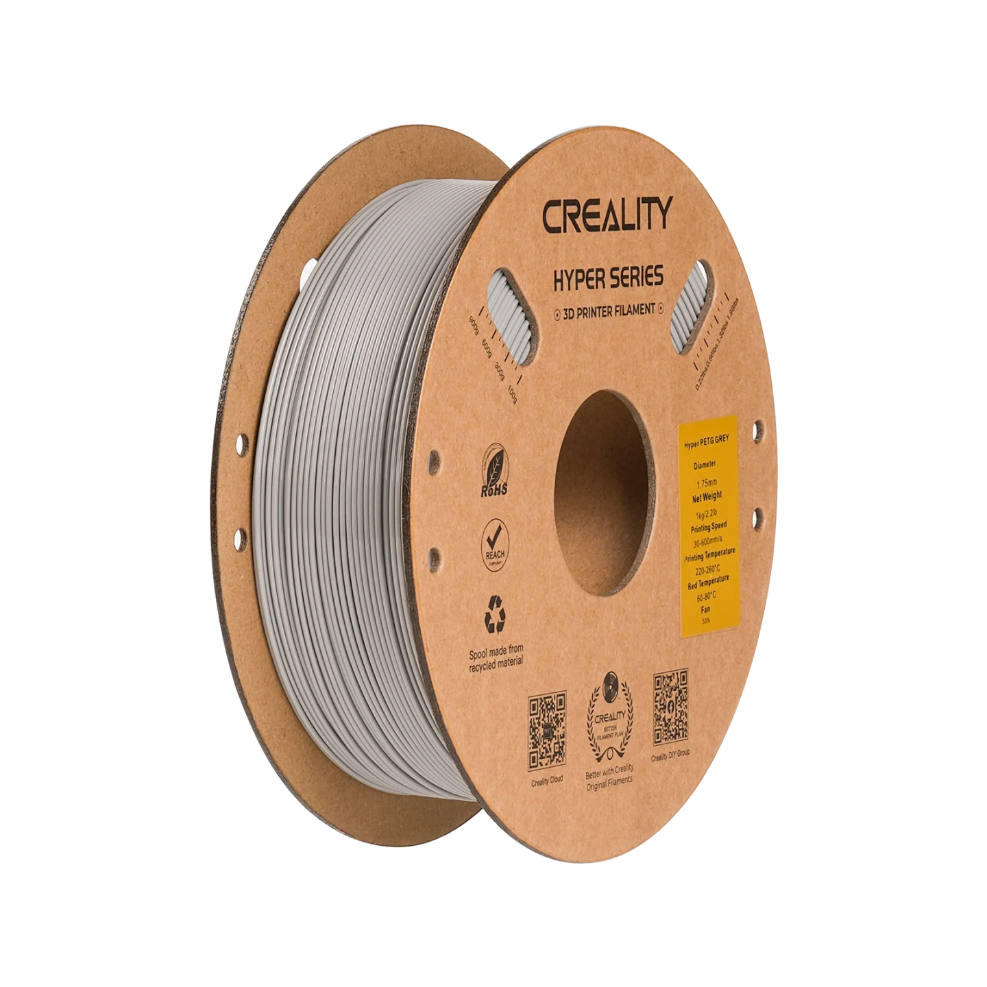 Hyper PETG  to eliminate the disadvantages of traditional PETG - slow solidification. Print speed 350 mm/s.  Spool weigh 1kg.