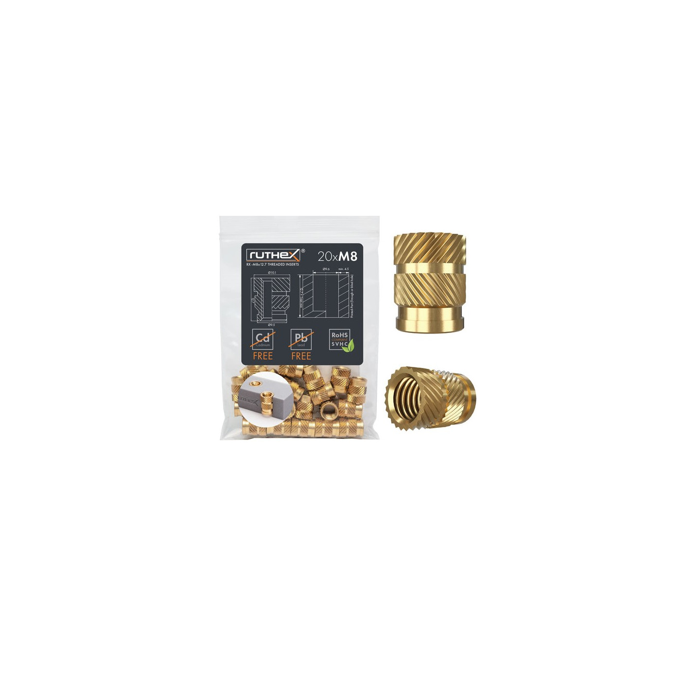 Ruthex M8 threaded insert – Rx-M8x12.7 - 20 pcs
