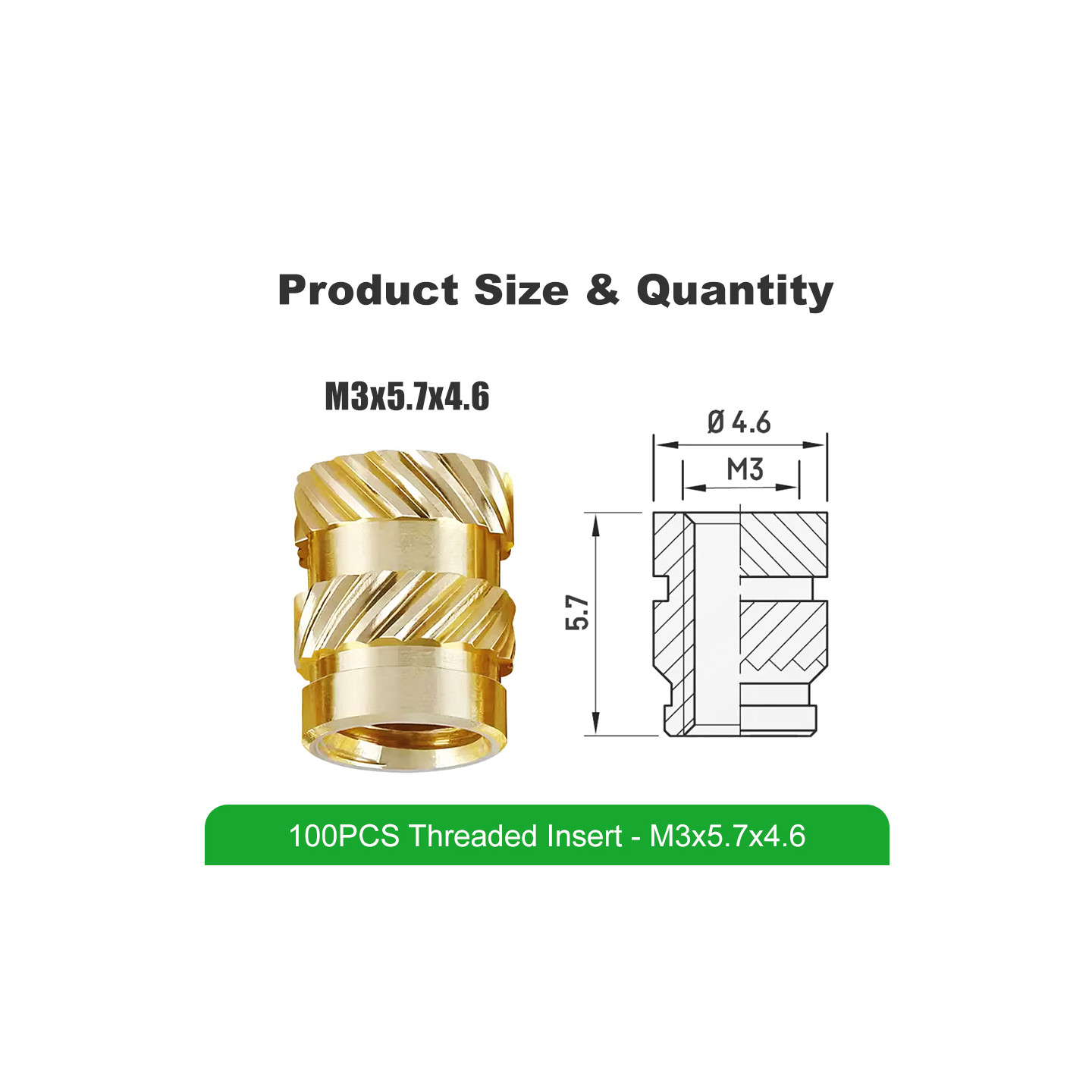 Mintion M3 x 5,7mm x 4,6mm Threaded Insert Set - 100 pcs