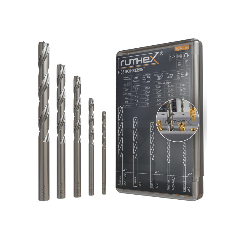Ruthex Drill Set for thread inserts – M2, M2.5, M3, M4, M5, M6 & 1/4