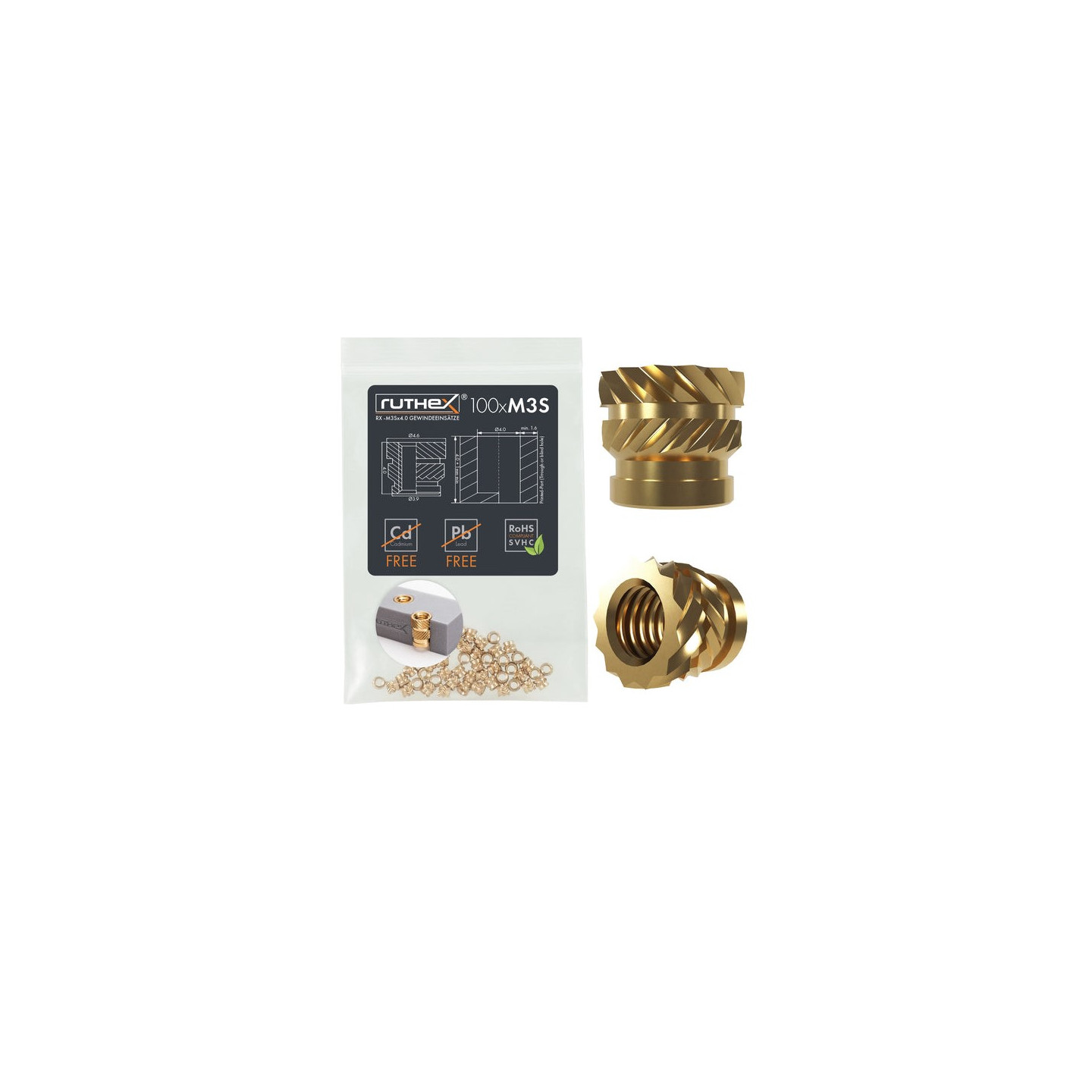 Ruthex M3 Short threaded insert – Rx-M3Sx4.0 - 100 pcs