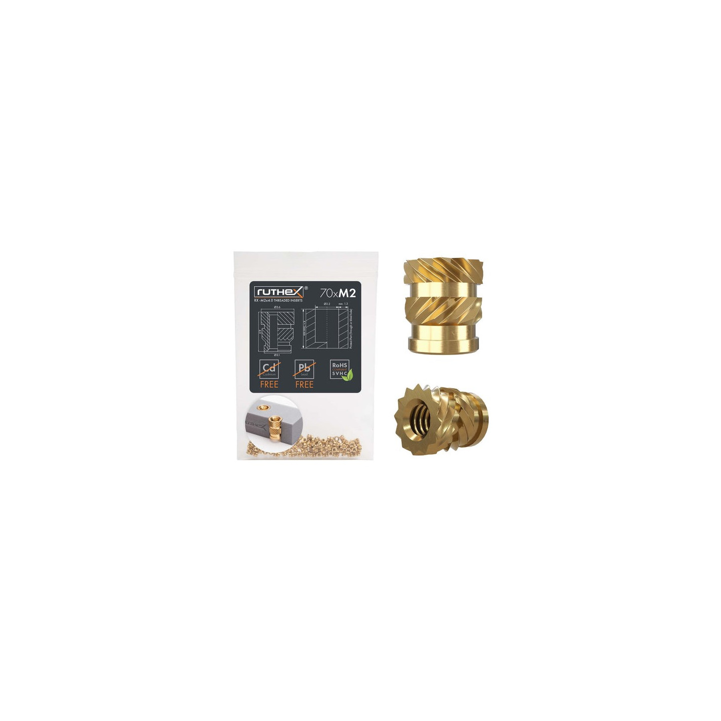 Ruthex M2 threaded insert – Rx-M2x4 - 70 pcs