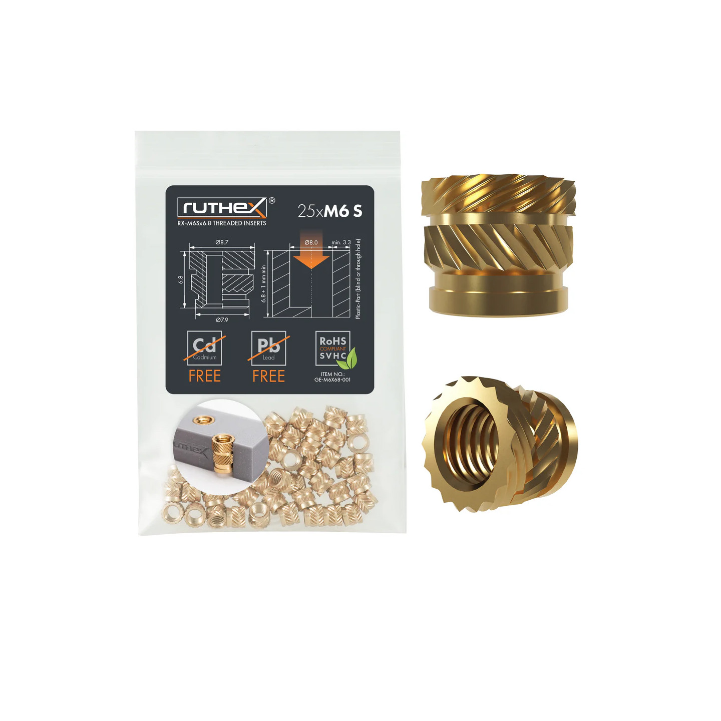 Ruthex M6 threaded insert – Rx-M6x6,8 - 25 pcs
