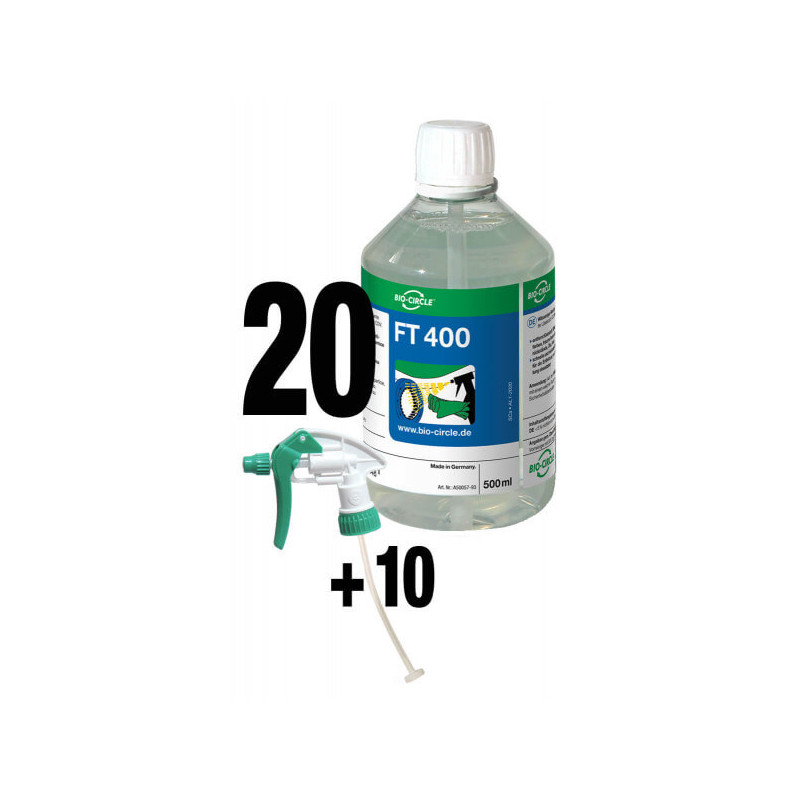 BIO CIRCLE  FT 400 ir  attīrīšanas šķīdinātājs. Tas ir stiprs sārms, kas šķīdina  eļļas krāsas,  motoreļļas, plastikas atliekas.