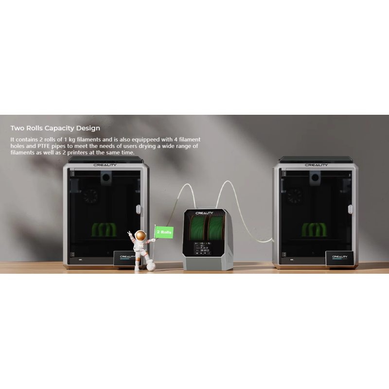 Creality Space Pi-2 Filament Dryer Plus  ir automātiskais 2 ruļļu kvēldiegu žāvētājs, kas spēj sadarboties ar 2 printeriem.